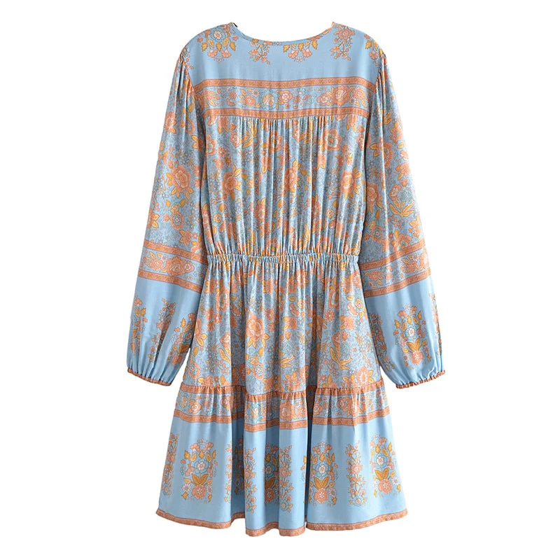 Enchanted Blue Boho Floral Print Mini Dress
