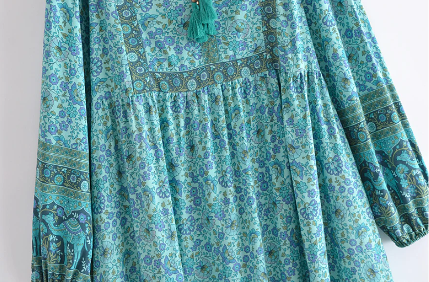 Calypso Camel Boho Floral Print Long Sleeve Midi Dress