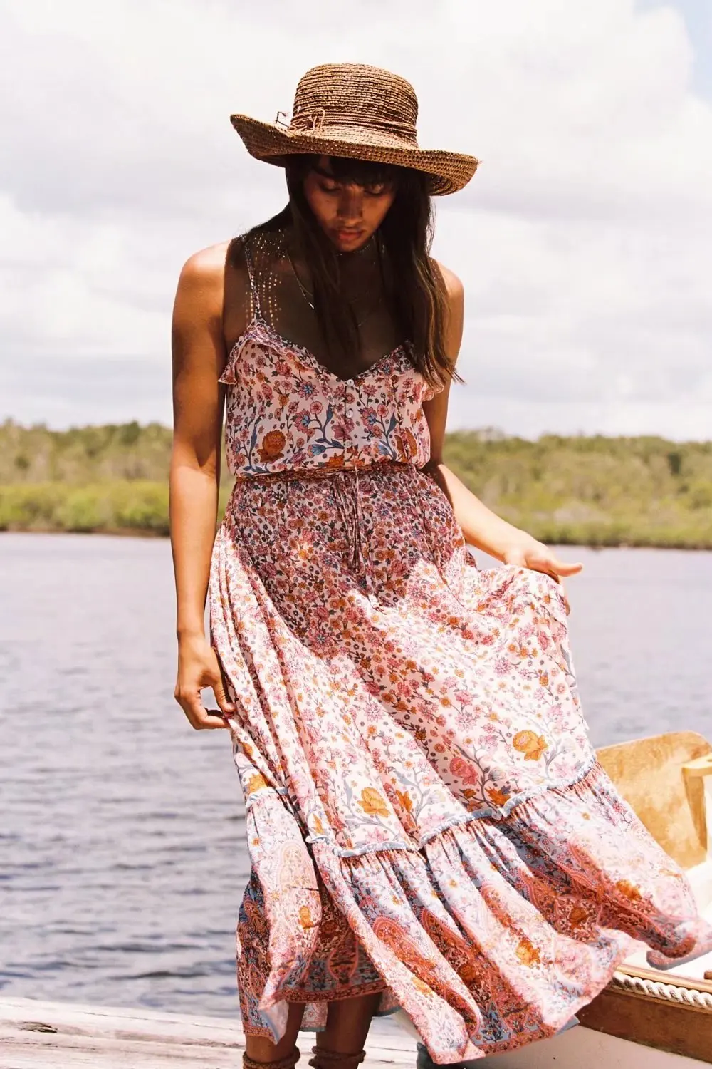 Blush Bloom Boho Floral Print Midi Dress