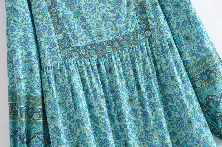 Calypso Camel Boho Floral Print Long Sleeve Midi Dress