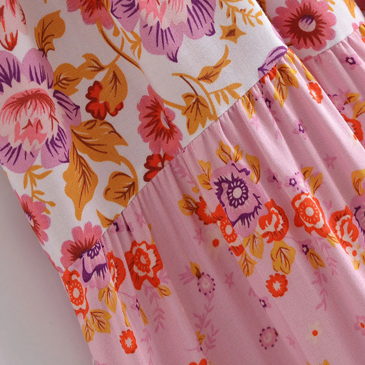 Pink Romance Boho Floral Print Midi Dress