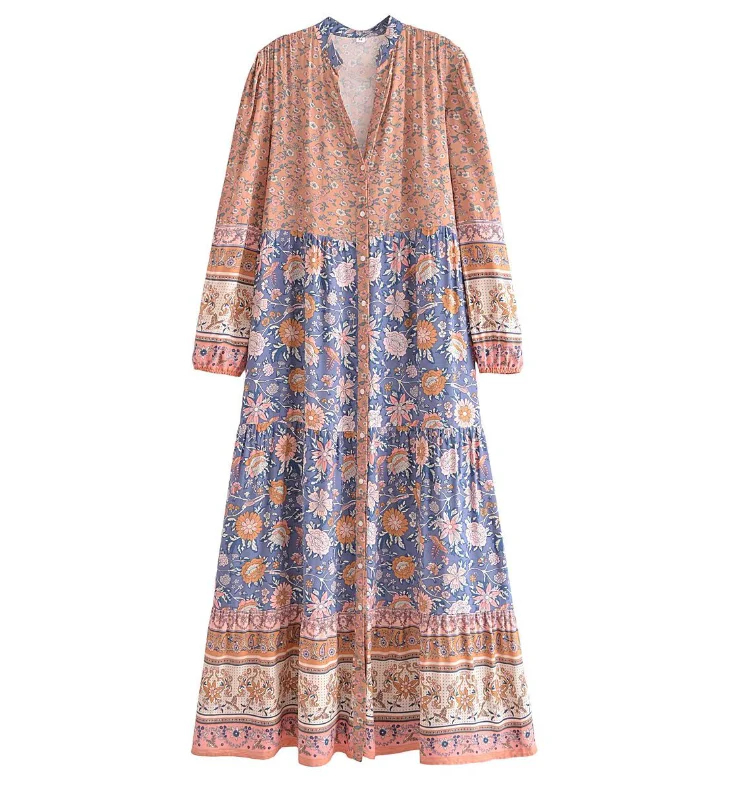Blue Lovebirds Boho Floral Print Long Sleeve Maxi Dress