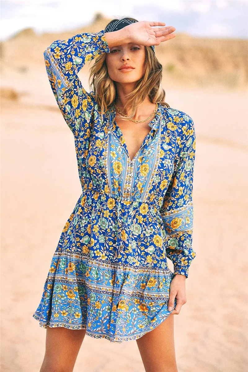 Cornflower Blue Boho Floral Print Mini Dress