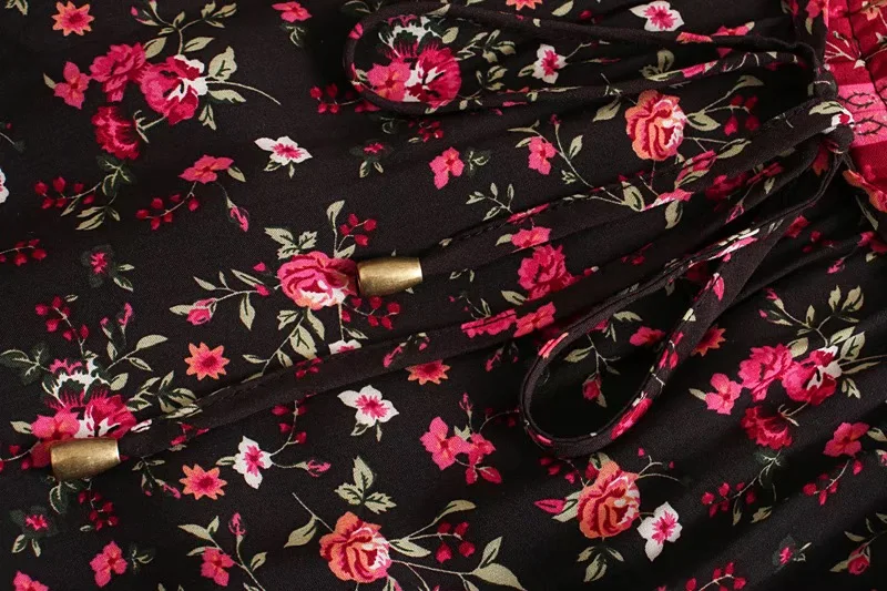 Burgundy Rose Boho Floral Print Midi Dress