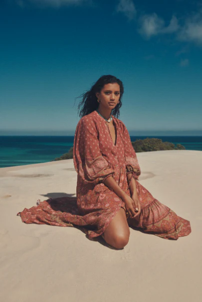 Capri Pink Boho Floral Print Midi Dress