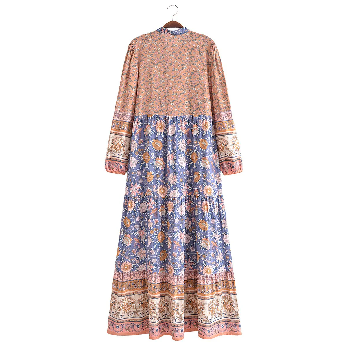 Blue Lovebirds Boho Floral Print Long Sleeve Maxi Dress