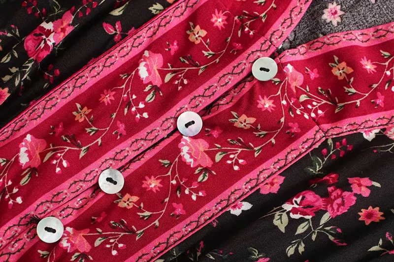 Burgundy Rose Boho Floral Print Midi Dress