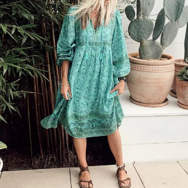 Calypso Camel Boho Floral Print Long Sleeve Midi Dress